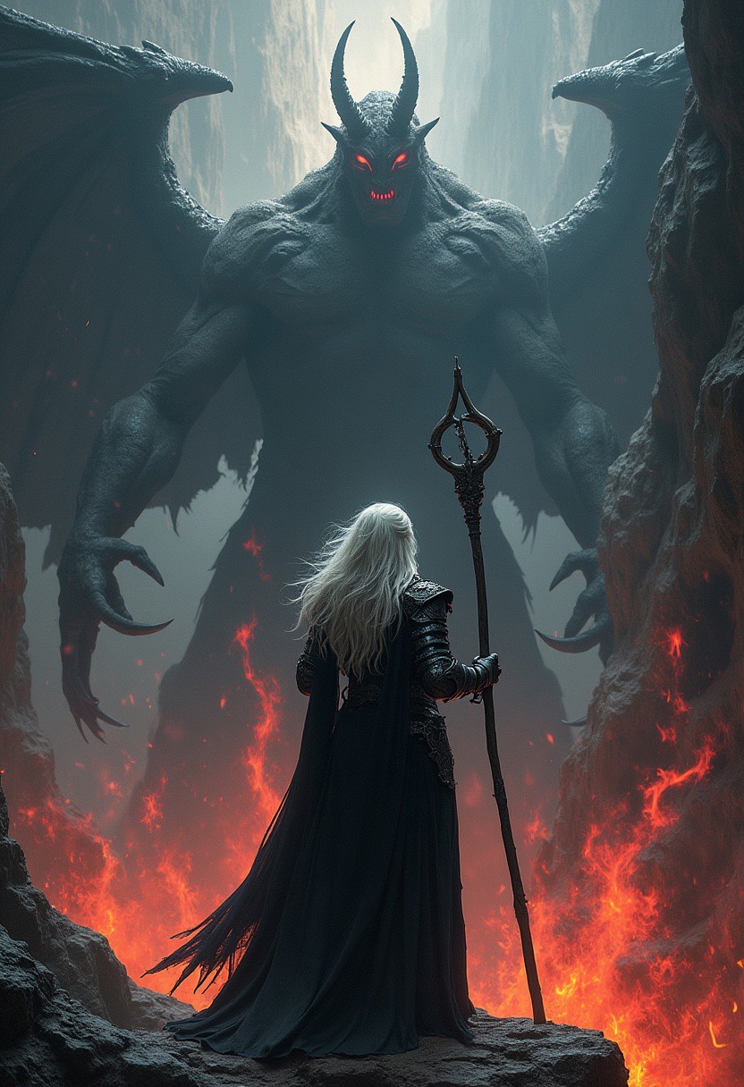 The focus is on a female silver haired mage holding her staff high above her with both hands in a final stand. The mage is wearing sleek armor that is damaged and breaking apart. She stand on the edge of a cliff overlooking a dark abyss and she is facing a balrog. The balrog is an enormous creature cloaked in black and crimson flames of death. The mage  The tip of the staff glows with purity.,
The backdrop behind the mage and balrog is a swirling abyss of darkness, separated by streaks of pure white. The backdrop is centered behind the subject. The colors are separated by metallic fractures, creating a glowing mosaic effect. The colors of the backdrop are most intense near the center. The mage is a stark and vibrant contrast of hope against the encroaching darkness and despair.