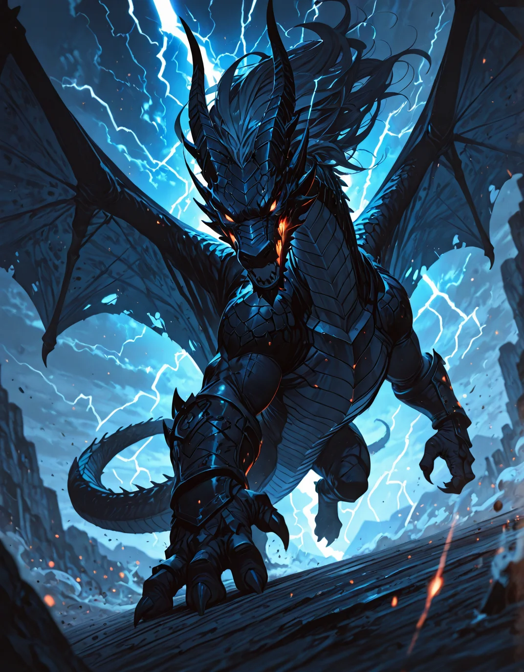 masterpiece, best quality,high quality, newest, highres,8K,HDR,absurdres, gigantic dragon, long tail, wings, mountains, lightning aura,fantasy,solo focus,epic, limited palette, intense expression, dynamic pose, dramatic lighting, strong depth of field, wind-blown hair, torn fabric, gritty realism, cinematic shot, dutch angle, foreshortening, blurred background, dust particles., detailed background, dynamic pose, dynamic composition,dutch angle, detailed backgroud,foreshortening,blurry edges <lora:iLLMythAn1m3Style:1> MythAn1m3