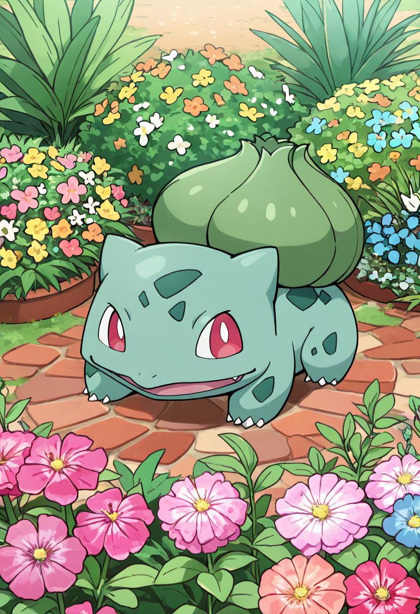 masterpiece, best quality, no humans,    zzBulbasaur, flower garden,   ,<lora:BulbasaurPokedex_IXL:1.0>,
