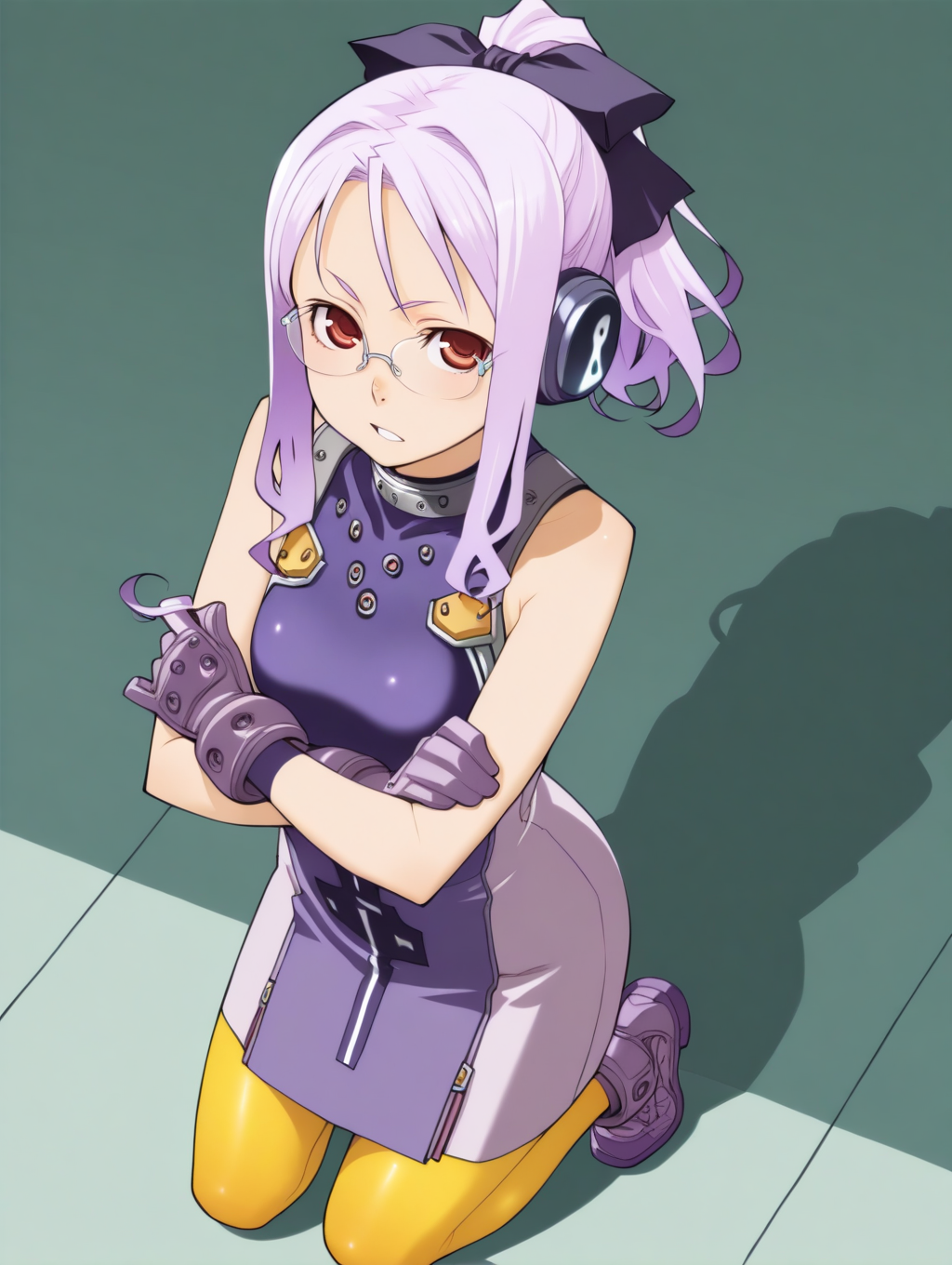 perfect quality,best quality,absolutely eye-catching,ambient occlusion,raytracing BREAK
1girl,<lora:SO4weruti IL v1.1:1>,SO4weruti,purple hair,ponytail,headphones,ribbon,glasses,red eyes,purple dress,sleeveless,gloves,yellow pantyhose,shoes,solo,, from above,macro_shot,on_side,hair_twirling,crossed_arms,kneeling,