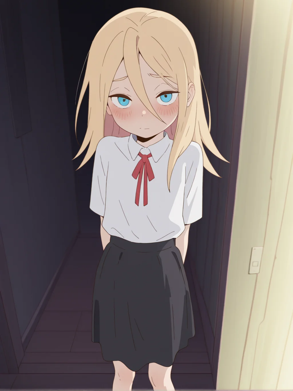 (masterpiece:1.4), (best quality:1.4),  rating_safe,very aesthetic, newest,best quality, amazing quality, very aesthetic, absurdres,
 1girl,solo,jobko, ,  blonde hair,  long hair, hair between eyes, eyebrows,  
<lora:jobko:1>
white shirt,neck ribbon,red ribbon,black skirt
standing,blush,looking at viewer