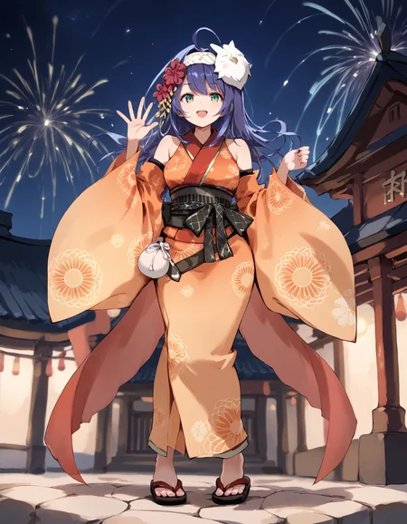score_9, score_8_up, score_7_up, score_6_up, BREAK source_anime, best quality, masterpiece,
1girl,<lora:yukata miaPonyXL:0.8>,yukata mia,hairband,mask on head,hair ornament,orange kimono,detached sleeves,sash,pouch,sandals,full body,standing,looking at viewer,shrine,night,waving
