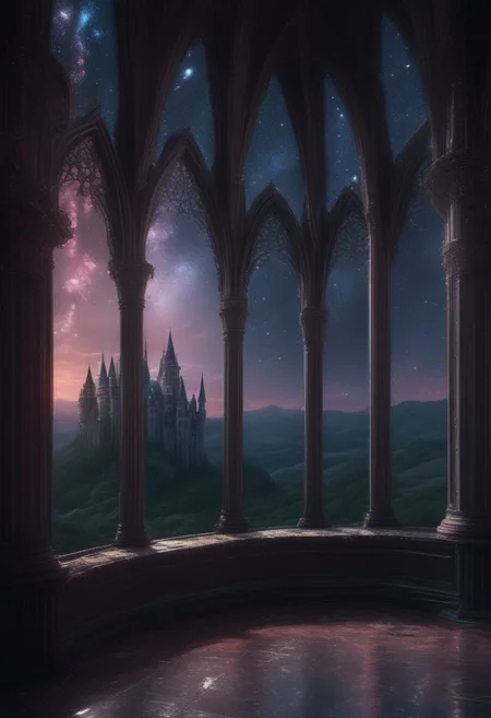 an abandoned Gothic castle with views of extraterrestrial galaxies from the windows. 4k, high-detail hyperrealism, HD quality, high-detail masterpiece. 4k, high-detail hyperrealism, HD quality, high-detail masterpiece