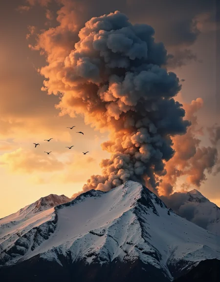 High quality photo of a massive, intense volcanic eruption at sunset. The sky is filled with thick, dark clouds illuminated by the warm, orange glow of the setting sun. The foreground features a snow-covered mountain range, with jagged peaks and a deep, textured snowfield. A flock of birds flies across the sky, adding a sense of scale and movement to the scene. The image has a dramatic, awe-inspiring composition with leading lines formed by the mountain ridges. The background is slightly blurred, emphasizing the volcanic cloud and the distant mountains. The lighting is natural, with the sunset casting a golden hue over the scene. The camera used is likely a high-resolution DSLR with a wide-angle lens, settings around f/11 aperture, 1/200 shutter speed, and ISO 100. The overall aesthetic quality is very high, capturing the raw power and beauty of the natural disaster. <lora:Landscapes_II_epoch_8:1>