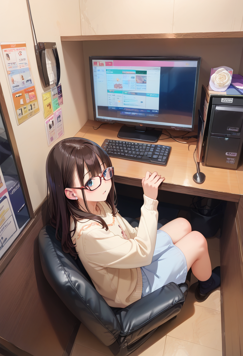 score_9, score_8_up, score_7_up, rating_safe, masterpiece, best quality, absurdres, unity 8k wallpaper, official art, official style, source_anime, uncensored, game cg, megami magazine,
glasses, 
necafe, scenery, keyboard (computer), computer, solo, indoors, monitor, chair, long sleeves, sweater, 1girl, desk
<lora:NetCafe_PONY_V1:1>