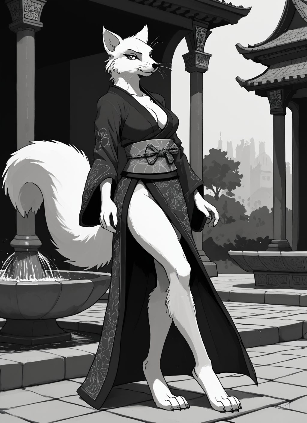 score_9, score_8_up, score_7_up, score_6_up, source_furry, rating_explicit,
digital artwork, erotic photoset,
sketch, monochrome,
courtyard, ornate fountain, cobblestone paths, tranquil
BREAK
full body, three-quarter view,
female, adult, anthro, squirrel, big tail,
white body, white fur,
black nose, whiskers,
Wearing Samurai Moonblade Kimono with Lunar Crest, katana at the side,
long legs, paws
<loractl:garbagegarage_V1P2_PDXLv6:0.3@8,0.8@9>
