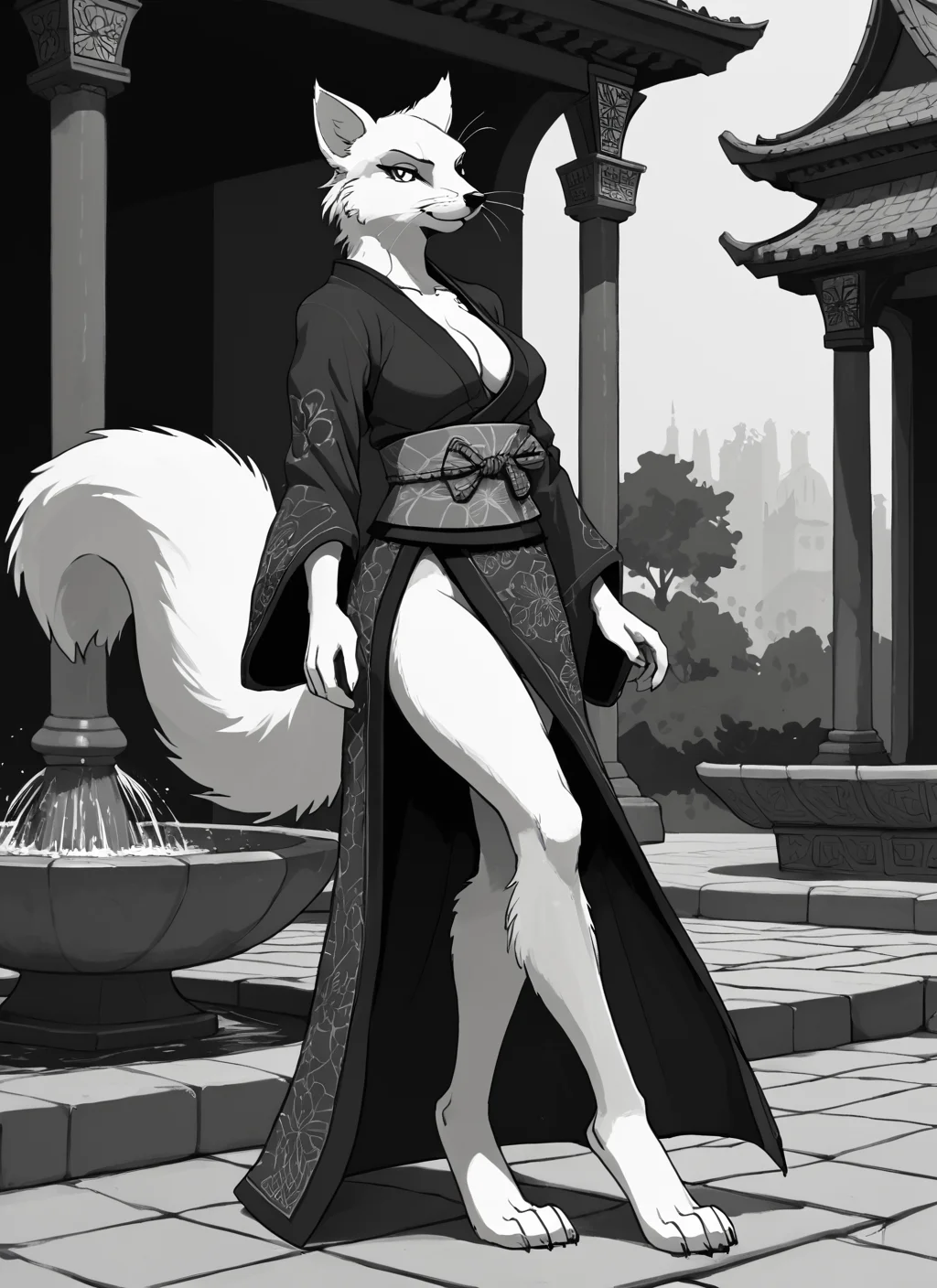 score_9, score_8_up, score_7_up, score_6_up, source_furry, rating_explicit,
digital artwork, erotic photoset,
sketch, monochrome,
courtyard, ornate fountain, cobblestone paths, tranquil
BREAK
full body, three-quarter view,
female, adult, anthro, squirrel, big tail,
white body, white fur,
black nose, whiskers,
Wearing Samurai Moonblade Kimono with Lunar Crest, katana at the side,
long legs, paws
<loractl:garbagegarage_V1P2_PDXLv6:0.3@8,0.8@9>