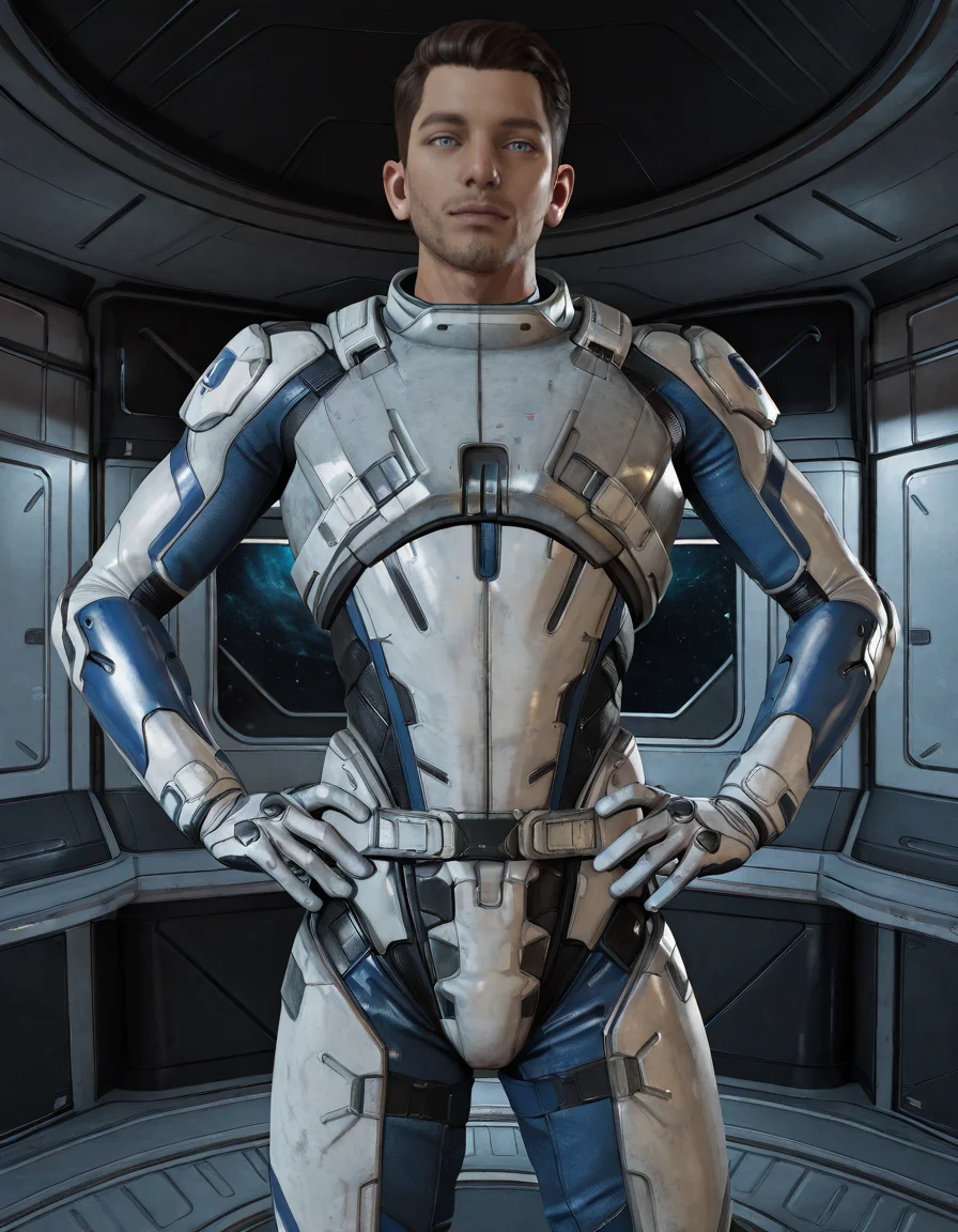 masterpiece, best quality, absurdres, newest, perfect quality, best quality, absolutely eye-catching, detailed background, intricate details, male focus, solo, realistic, <lora:Mass Effect Andromeda - Scott Ryder - Illustrious-000010:0.7>, s_ryder, 1boy, brown hair, light blue eyes, stubble, spacesuit, spacecraft interior, space, contrapposto, looking at viewer, head tilt, flirty, hands on own hips
