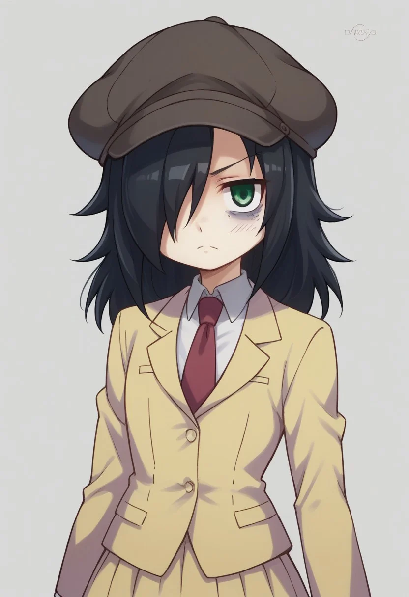 score_9, score_8_up, score_7_up, source_anime, highly detailed,
tomoko, 1girl, solo, black hair, school uniform, bags under eyes, hair over one eye, necktie, green eyes, skirt, long hair, upper body, blazer, jacket, hat, cabbie hat,
indoor,