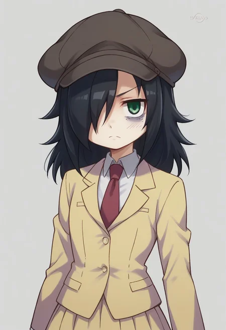 score_9, score_8_up, score_7_up, source_anime, highly detailed,
tomoko, 1girl, solo, black hair, school uniform, bags under eyes, hair over one eye, necktie, green eyes, skirt, long hair, upper body, blazer, jacket, hat, cabbie hat,
indoor,