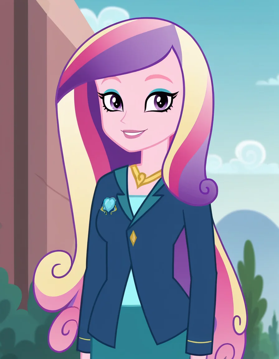 score_9, score_8_up, score_7_up, source_anime, <lora:dean-cadance-movie-ponyxl-lora-nochekaiser:1>, cadance, long hair, very long hair, purple eyes, pink hair, purple hair, multicolored hair, two-tone hair, eyelashes, makeup, eyeshadow, skirt, formal, suit,, floating island, sky, clouds, greenery, magical, smile, v,, looking at viewer, solo,, dutch angle, cowboy shot
