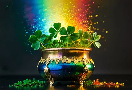 double exposure, vibrant shamrocks, shimmering rainbow, overflowing pot of gold, reflections, hyperrealistic, intricate details, festive, macro photography, saturated colors, glowing, (bokeh effect:1.2)
