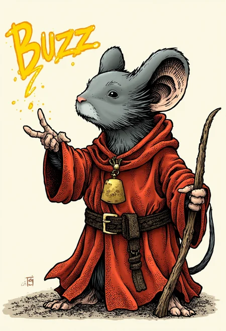 Hand drawn epic portrait illustration of a dark grey mouseguard mouse red robe. wizard casting yellow "BUZZ" inscription in the air