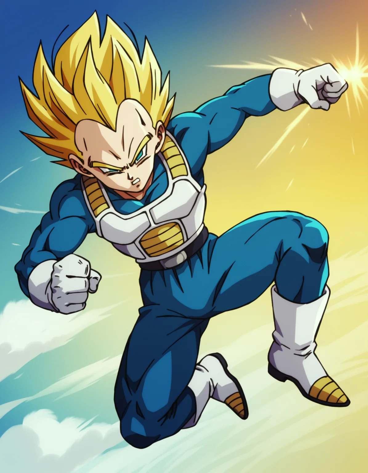 zPDXL, score_9, score_8_up, score_7_up, score_6_up, score_5_up, source_anime, 4k, absurdres, 1boy, solo,
<lora:Broly_v1:0.8> dbsb, (vegeta), yellow hair, super saiyan, (widow's peak), blue bodysuit, saiyan armor, white gloves, white boots, fighting stance, aqua eyes, no pupils,