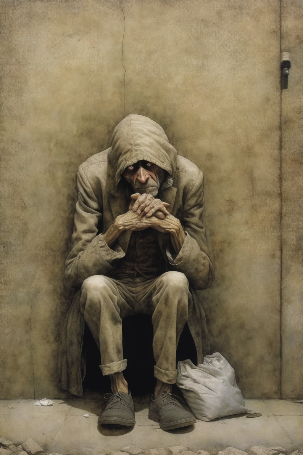 <lora:Santiago Caruso Style:1>Santiago Caruso Style - a down on his luck homeless man being bullied