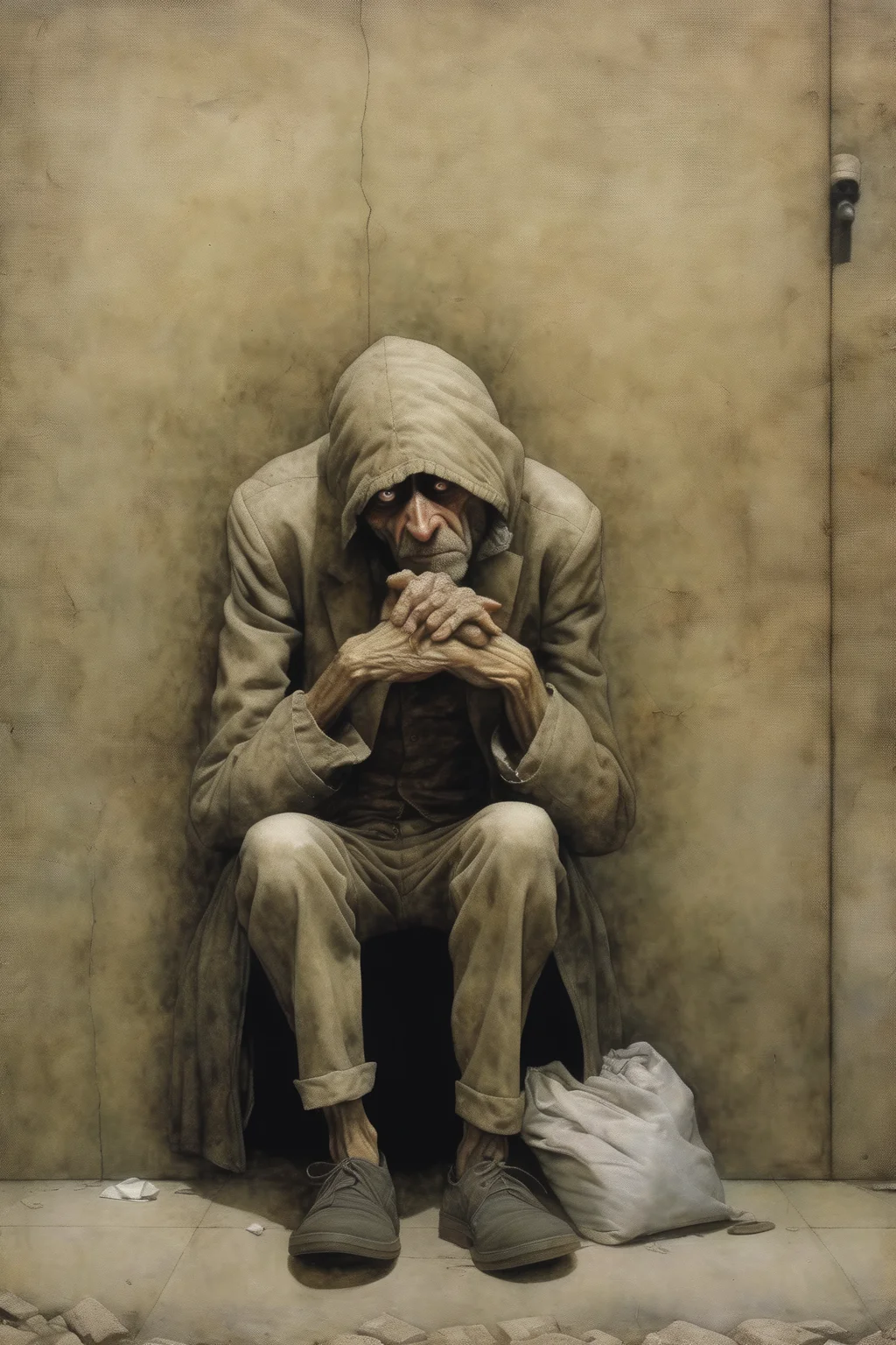 <lora:Santiago Caruso Style:1>Santiago Caruso Style - a down on his luck homeless man being bullied