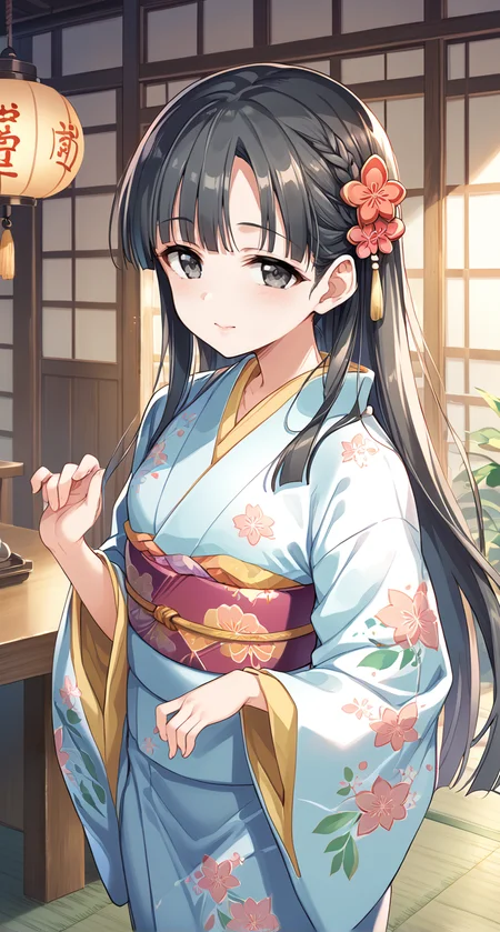 score_9,score_8_up,score_7_up,
official art,official style,game cg,megami magazine,
uncensored,
1girl,
kbykwse kimono,kobayakawa sae,black eyes,black hair,braid,eyebrows visible through hair,
japanese clothes,kimono,long hair,long sleeves,print kimono,shiny,shiny hair,wide sleeves,
flower,hair flower,hair ornament,highres,
bangs,blunt bangs,bow,
<lora:idolmaster_kobayakawa_sae_pony_v1:1>,
