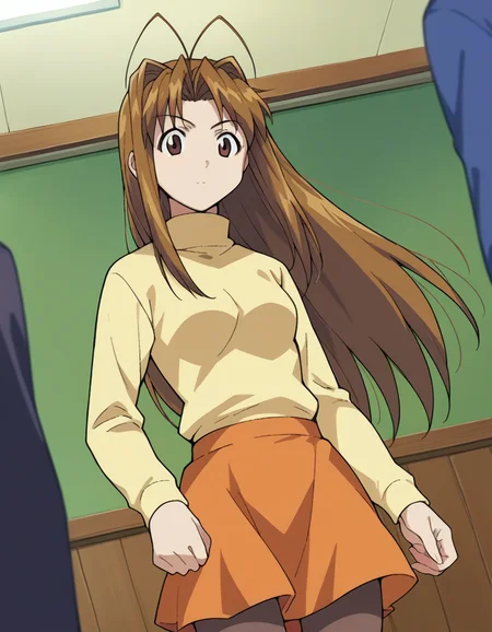 score_9, score_8_up, score_7_up, source_anime,
narunarusegawa, <lora:naru-narusegawa-ponyxl-lora-nochekaiser:1>,
naru narusegawa, long hair, brown hair, antenna hair, brown eyes,
skirt, jewelry, pantyhose, sweater, turtleneck, orange skirt,
indoors,
looking at viewer, dutch angle, cowboy shot,