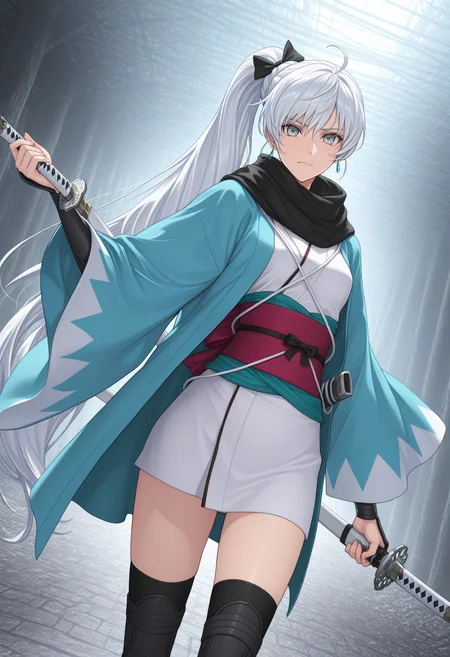 ((weiss schnee)), okita souji \(fate\), okita souji \(koha-ace\), 1girl, solo, looking at viewer, long sleeves, thighhighs, bow, hair between eyes, closed mouth, ahoge, weapon, hair bow, japanese clothes, sword, wide sleeves, kimono, holding weapon, scarf, sash, dutch angle, holding sword, obi, katana, sheath, sheathed, haori, short kimono, arm guards, holding sheath, masterpiece, best quality, ultra-detailed, highest quality, official art, latest, very awa, very aesthetic, detailed shading, (detailed background, complex background), amazing quality, intricate, hyper-detailed, excellent, absurdres, latest,
