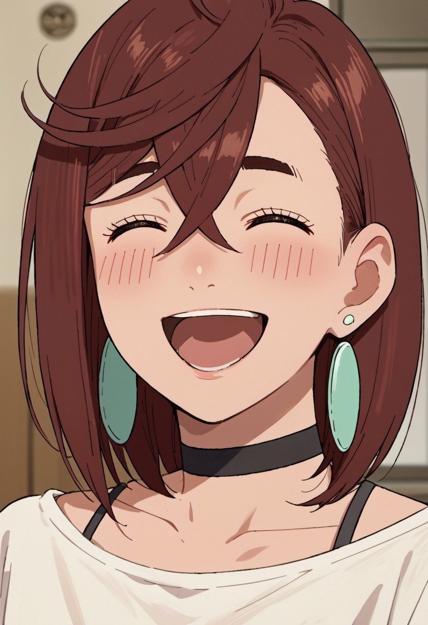 score_9, score_8_up, score_7_up, source_anime, ayase momo, auburn hair, short hair, jewelry, earrings, 1girl, closed eyes, open mouth, smile, choker, ^ ^, solo focus, black choker, blush
