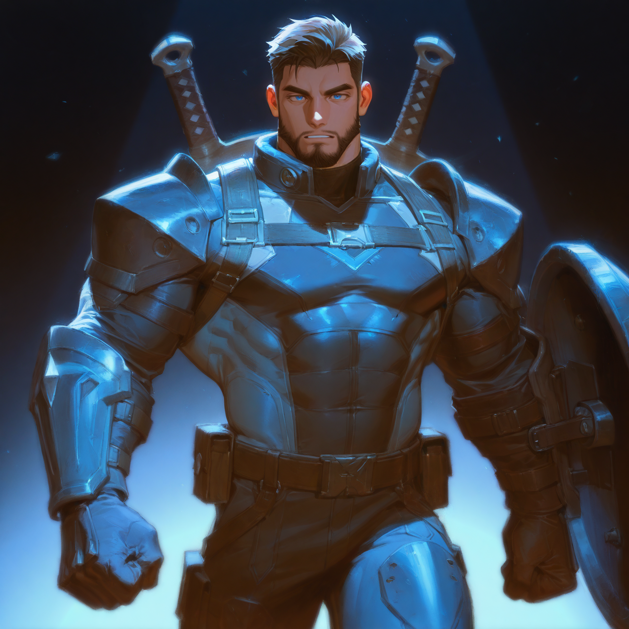 <lora:captainaiw_ill:.45> multicolored armor, short hair, gloves, leather, shield, blue eyes, brown hair,
aixiwuganda_(20222192), (artist:niichi \(niichi21\):0.5), (artist:jezz mons art:0.8), (artist:my eight:0.8), solo,
solo, muscular male, bara, mature, asian, hairy, hairy body, (very short hair), male focus,
very awa, masterpiece, best quality, absurdres, newest, perfect quality, detailed background, intricate details,
<lora:slider_Body Type_alpha1.0_rank4_noxattn_last:3><lora:style_Anime Summer Days 2 Style SDXL_LoRA_Pony Diffusion V6 XL:.6><lora:style_Low-Key Lighting Style - pony:.5>, DARK, DARK BACKGROUND, LOW-KEY LIGHTING <lora:slider_cfg_scale_boost:.7>
