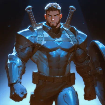 <lora:captainaiw_ill:.45> multicolored armor, short hair, gloves, leather, shield, blue eyes, brown hair,
aixiwuganda_(20222192), (artist:niichi \(niichi21\):0.5), (artist:jezz mons art:0.8), (artist:my eight:0.8), solo,
solo, muscular male, bara, mature, asian, hairy, hairy body, (very short hair), male focus,
very awa, masterpiece, best quality, absurdres, newest, perfect quality, detailed background, intricate details,
<lora:slider_Body Type_alpha1.0_rank4_noxattn_last:3><lora:style_Anime Summer Days 2 Style SDXL_LoRA_Pony Diffusion V6 XL:.6><lora:style_Low-Key Lighting Style - pony:.5>, DARK, DARK BACKGROUND, LOW-KEY LIGHTING <lora:slider_cfg_scale_boost:.7>