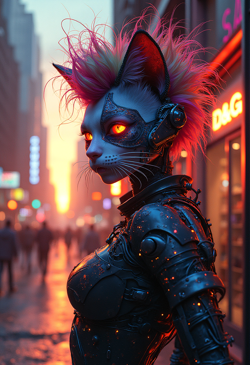 splatterpunk style, at sunset, a cat-human hybrid stands proudly outside a futuristic D&G-style boutique, sleek carbon fiber mechanical arms, atmospheric perspective, hairstyle a riot of colorful spikes and dye, augmented enhancements visible, glowing circuits and fiber-optic strands and LEDs of pulsing with energy, and explosion of creative chaos, vibrant colors and bold outlines, style of Wayne Barlowe meets Jean-Paul Goude, <lora:other/flux_realism_lora> . gory and violent aesthetic with transgressive elements, extreme and futuristic technology