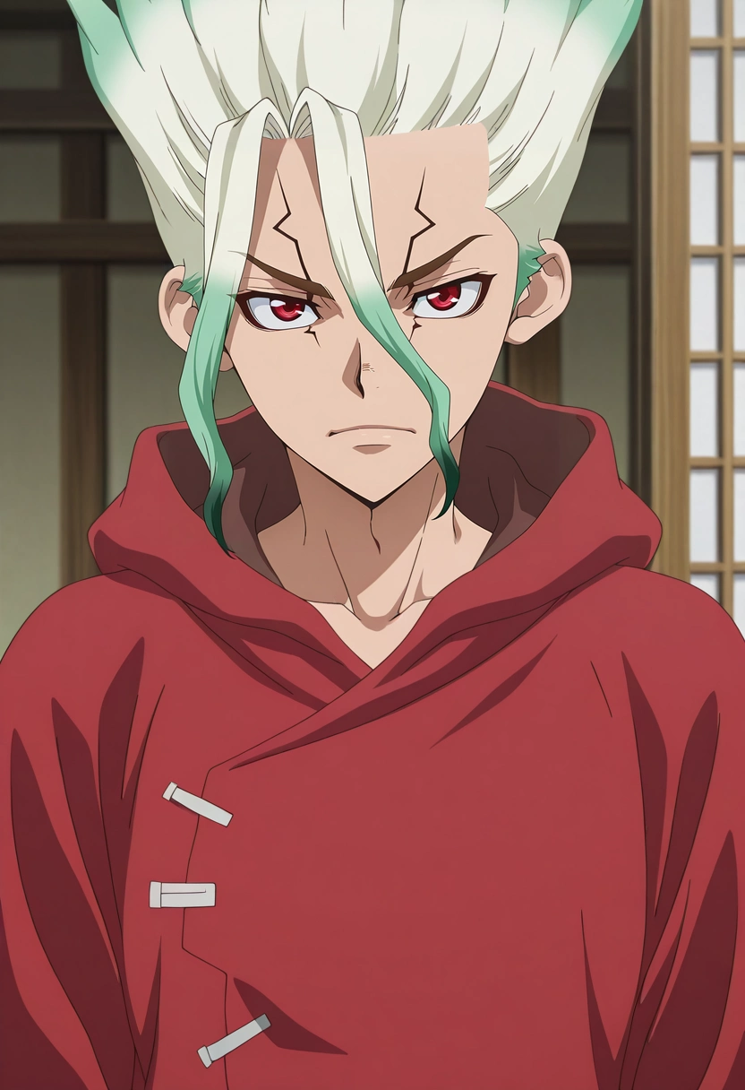 masterpiece, best quality, , anime screencap, anime coloring, official style, looking at viewer, 1boy, solo, male focus, <lora:senkuu_ishigami_ilxl:0.94>, senkuu_ishigami, green hair, red eyes, multicolored hair, two-tone hair, white hair, facial mark, , devil costume