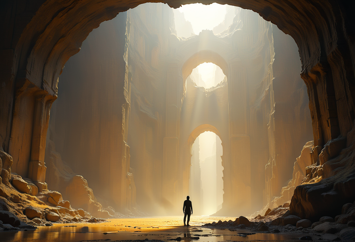 <lora:Flux-XL_Scenery:1>,flux-scenery  silhouette of a solitary figure standing by a large archway leading to a cavernous space with high walls of golden stone. High contrast, exploration, grandeur of nature