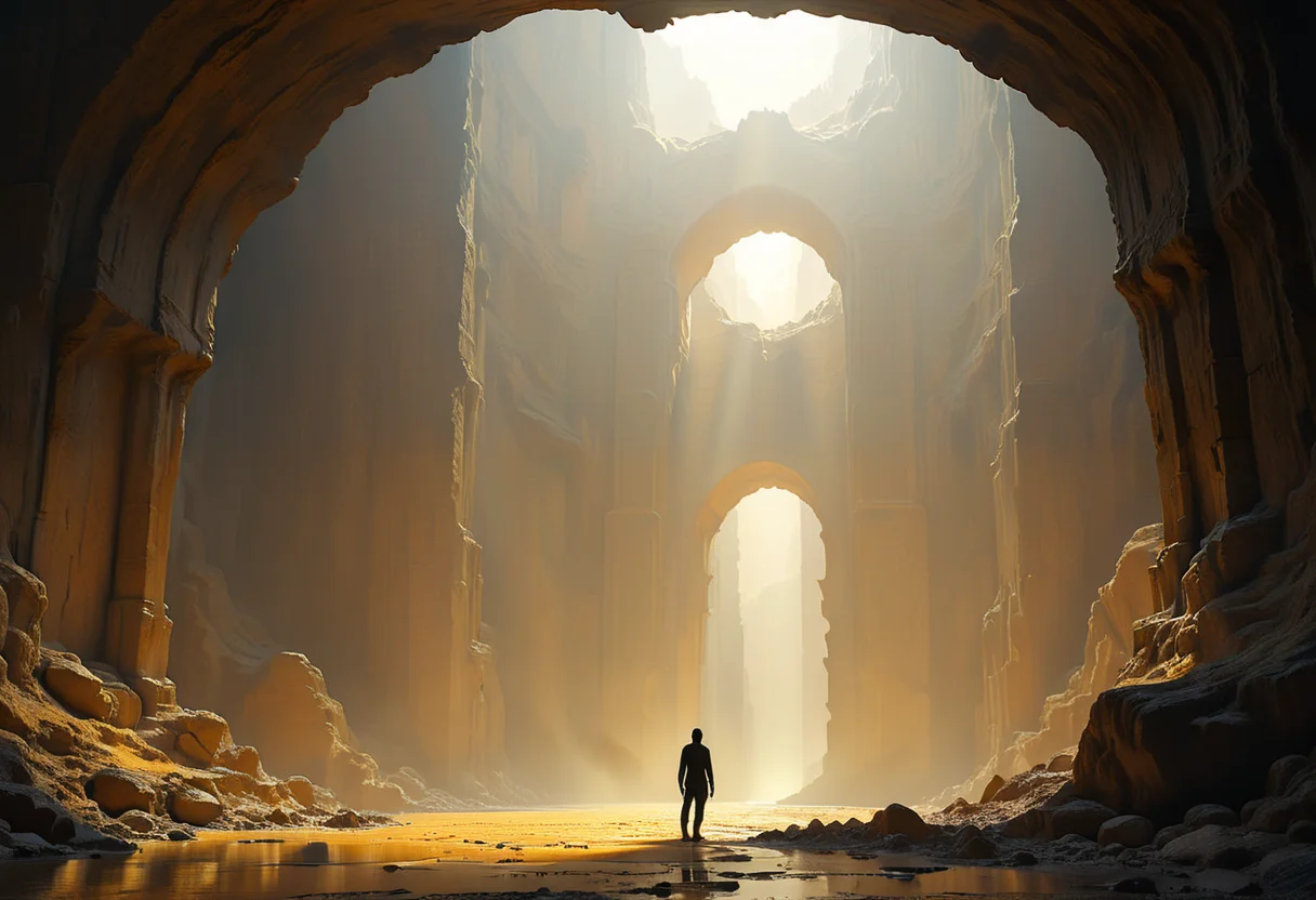 <lora:Flux-XL_Scenery:1>,flux-scenery silhouette of a solitary figure standing by a large archway leading to a cavernous space with high walls of golden stone. High contrast, exploration, grandeur of nature