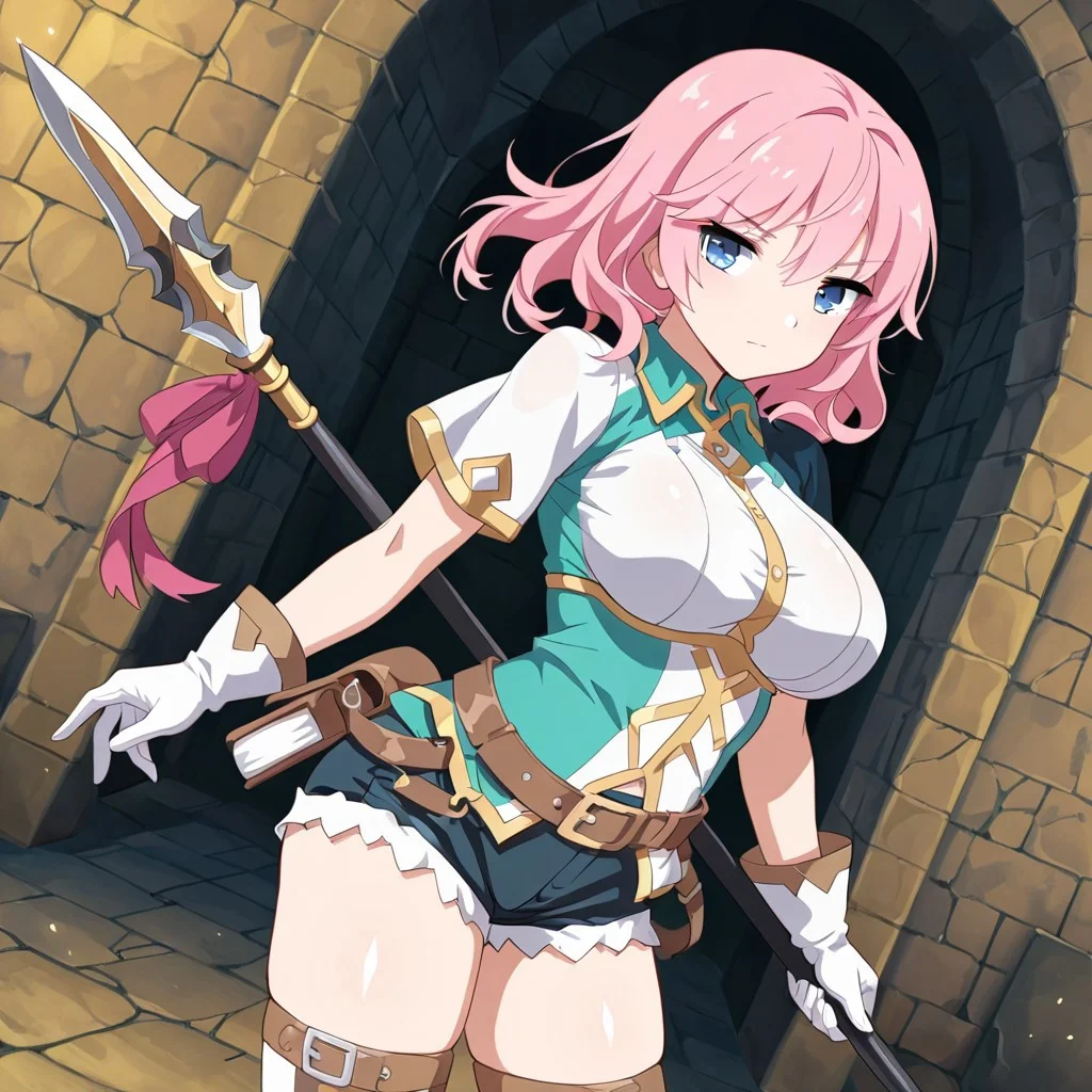 (best quality, masterpiece, very aesthetic), SDun, SpWar, pink hair, medium hair, blue eyes, large breasts, 1girl, solo, short shorts, thighhighs, white gloves, belt, multicolored shirt, spear, polearm, SpWarClothes, dungeon