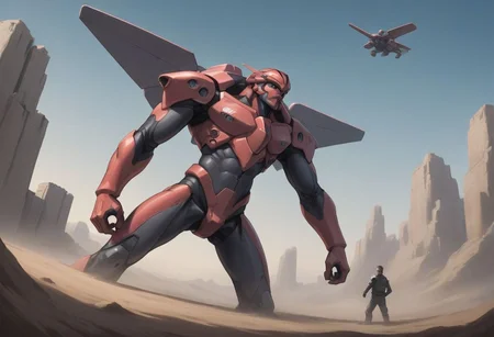 40 year old human man, flight suit, short beard, holding helmet BREAK giant mecha, Zeon, gundam, mobile suit, battletech, evangelion BREAK dynamic angle, epiCPhoto, (masterpiece:1.2), (realistic:1.2), (detailed:1.1), (highres, best quality:1.2), score_9, score_8_up, score_7_up, very detailed, highly detailed symmetric eyes, cyberpunk BREAK man standing next to mecha, cargo bay, loading bay, diffuse light, size difference, proportional background
