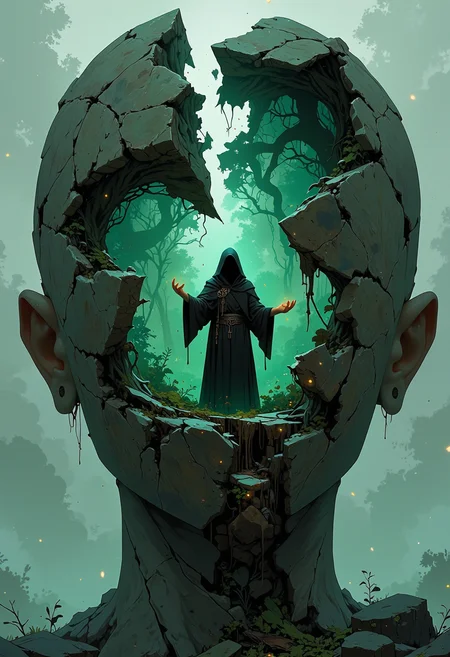 Close-up of a fractured stone statue, its face split into angular shards that float apart, suspended in mid-air. Each fragment reveals glimpses of a dense, otherworldly forest within, dark tendrils of fog twisting and curling through the cracks. Tiny fireflies hover around the edges, casting faint green glows that contrast with the cold, rough texture of the stone. A figure stands in the center of the shattered head, robed in tattered black fabric, their hands raised as if controlling the floating fragments with invisible strings. The background fades into an endless, misty void, broken only by the scattered, glimmering lights. The color palette is muted greens, grays, and faint touches of spectral blue, creating an eerie, melancholic mood as if the statue itself were alive and haunted.
Niji Stan Katayama style.