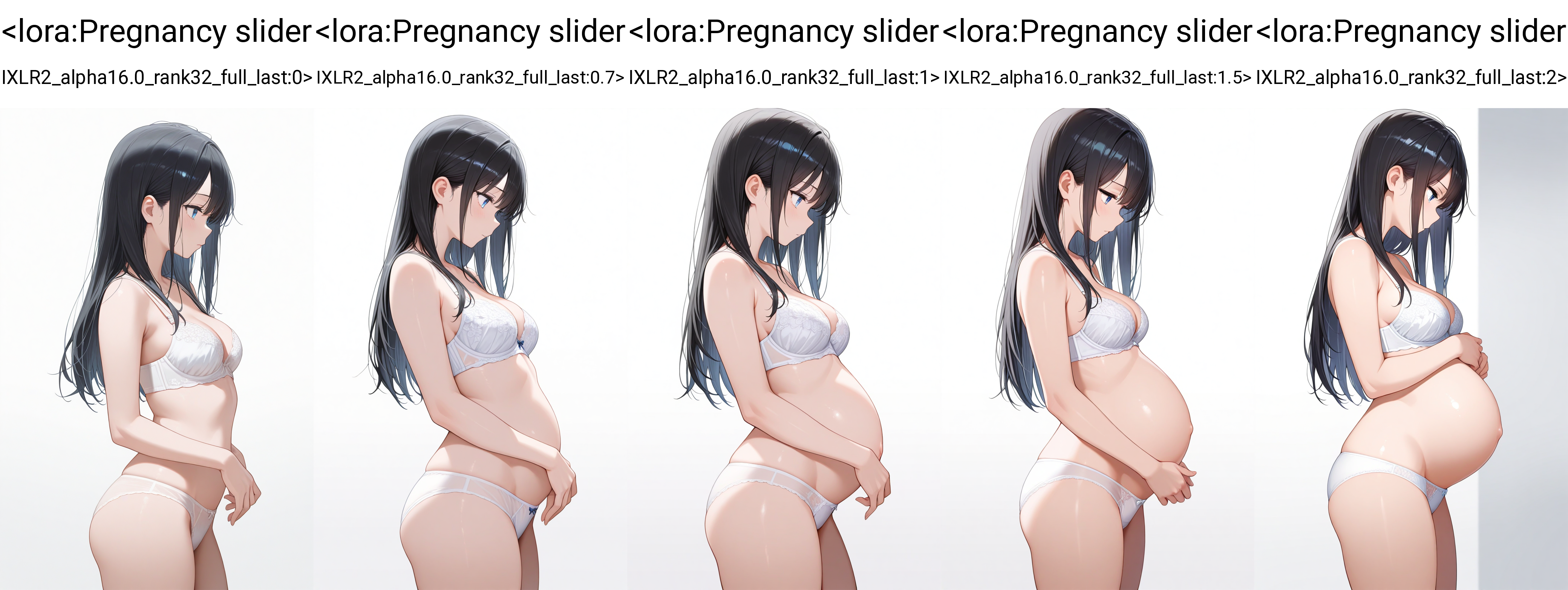 masterpiece, best quality, 1girl,   standing, from side, long hair, black hair, straight-on, white background, white  bra, white panties, blue eyes,     <lora:Pregnancy slider IXLR2_alpha16.0_rank32_full_last:0>