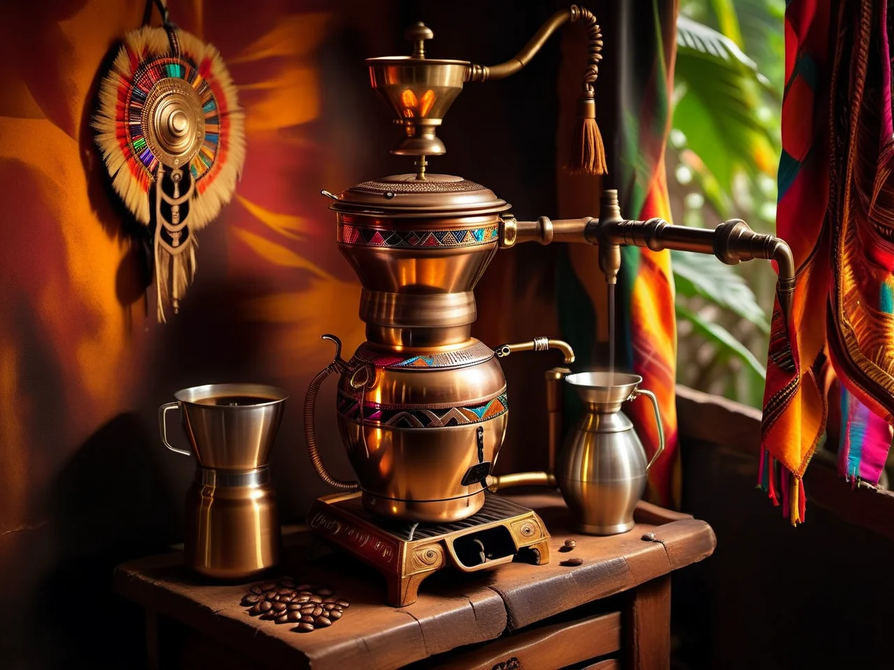 <lora:CulturePunkAI_1Pruned:.9> JavaPunkAI coffee machine (Highly detailed, amazing tribal setting), (Impressive lighting), (Colorful, Ultra Realistic, High quality, Highly detailed, Sharp focus, 8K UHD, Art photography), (trending on artstation)
