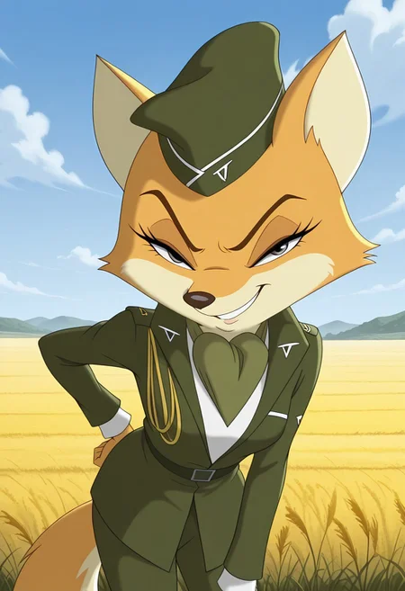 high resolution, absurdres, best quality, 1girl, lt_vixen, anthro, fox, furry, orange fur, tail, dot eyes, green military uniform, military hat, sky, outside, grasss field, smug, smile, grin, hand on hip, narrowed eyes, leaning forward, looking at viewer,