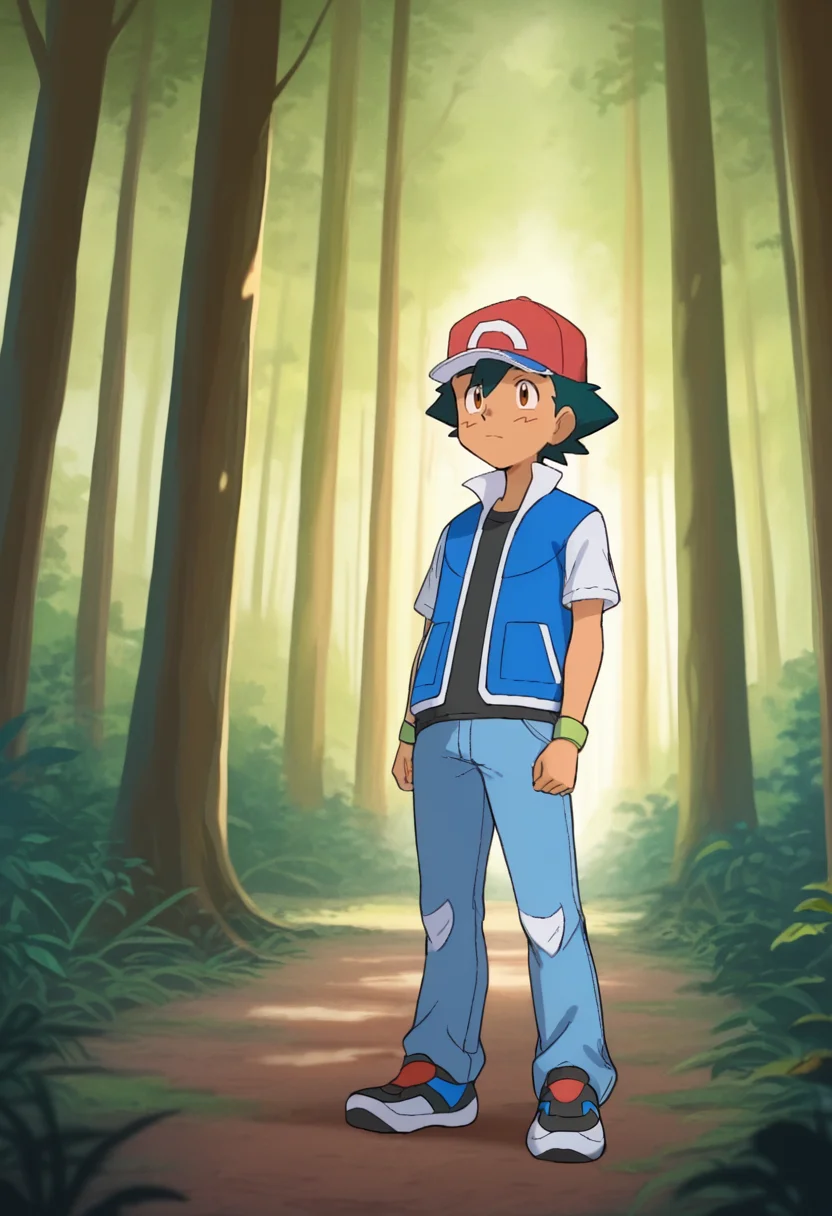 best quality, masterpiece, absurdres, newest, highly detailed,
<lora:TMNT_1987_-_Cartoon_Screen_Captured_Style:1> 1987tmnt5tyl3, cowboy shot,
1boy, Ash Ketchum \(pokemon\), forest scenery, male focus, hat, jeans, shoes, jacket,