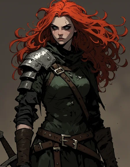 Ev Ganin style. The image is a digital drawing in a dark, gritty, medieval fantasy style. The central figure is a fierce warrior woman with striking, wild, long red hair flowing dramatically in the wind. She has a stern, determined expression and piercing green eyes. She wears dark, practical armor, including a metal shoulder pad on her left shoulder and a dark green tunic with a cinched waist, secured by a belt with a sword sheath. <lora:Ev_Ganin:1.0>