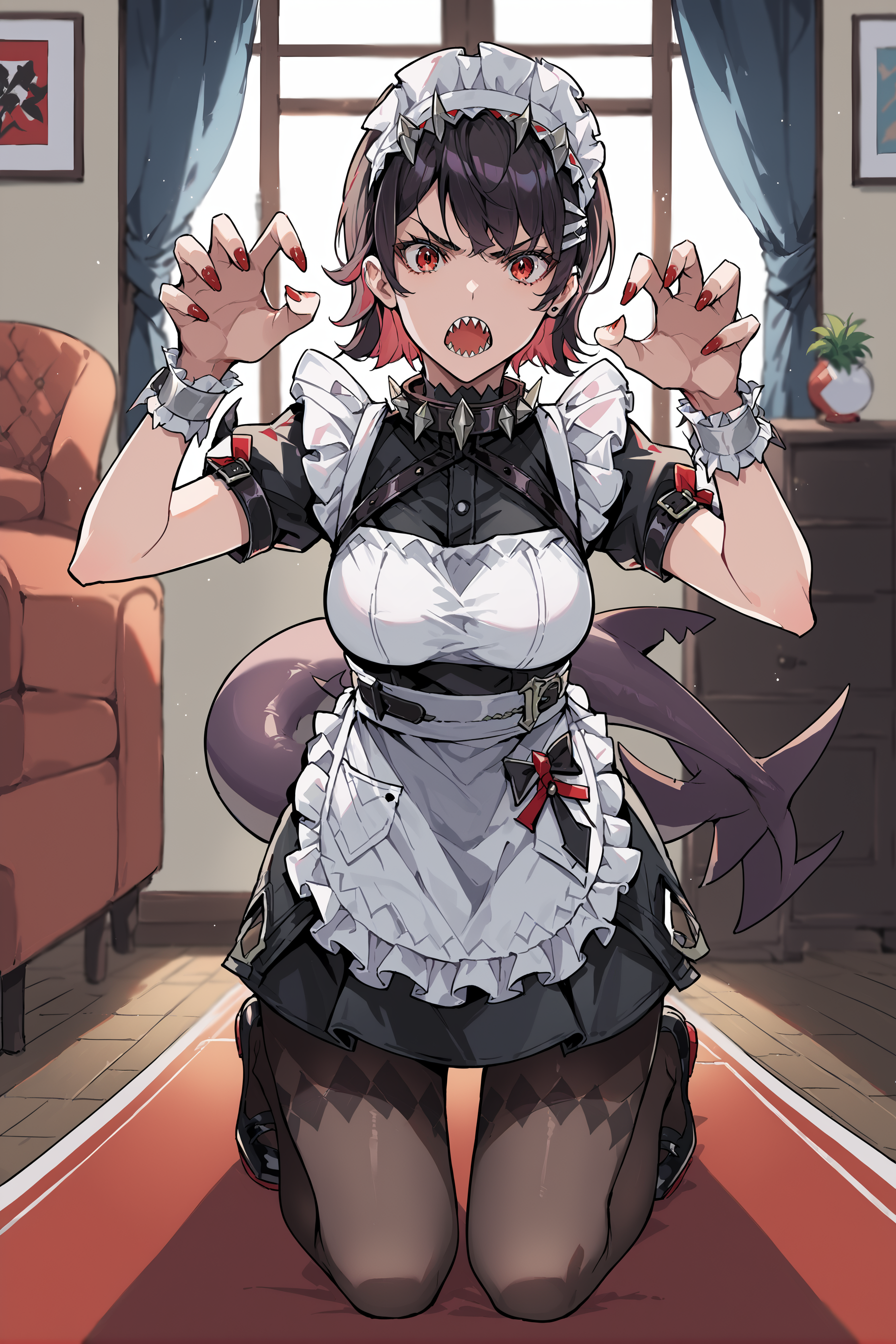 score_9, score_8_up, score_7_up, source_anime, 1girl, ellen joe, solo, hairclip, argyle pantyhose, red nails, black footwear, maid headdress, maid apron, wrist cuffs, maid dress, shark tail, spiked collar, looking at viewer, angry, open mouth,  sharp teeth, claw pose, indoors, living room, depth of field, kneeling, full body  <lora:Char-ZZZ-EllenJoe-pony-V1:0.8>  <lora:MikaPikaZoXLP6lokrV42310:0.35> <lora:yoneyamaiXLP6lokrV4236:0.35>