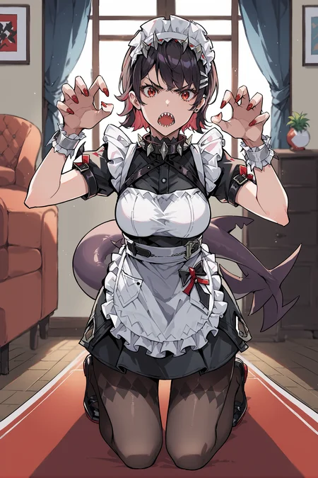 score_9, score_8_up, score_7_up, source_anime, 1girl, ellen joe, solo, hairclip, argyle pantyhose, red nails, black footwear, maid headdress, maid apron, wrist cuffs, maid dress, shark tail, spiked collar, looking at viewer, angry, open mouth, sharp teeth, claw pose, indoors, living room, depth of field, kneeling, full body <lora:Char-ZZZ-EllenJoe-pony-V1:0.8> <lora:MikaPikaZoXLP6lokrV42310:0.35> <lora:yoneyamaiXLP6lokrV4236:0.35>