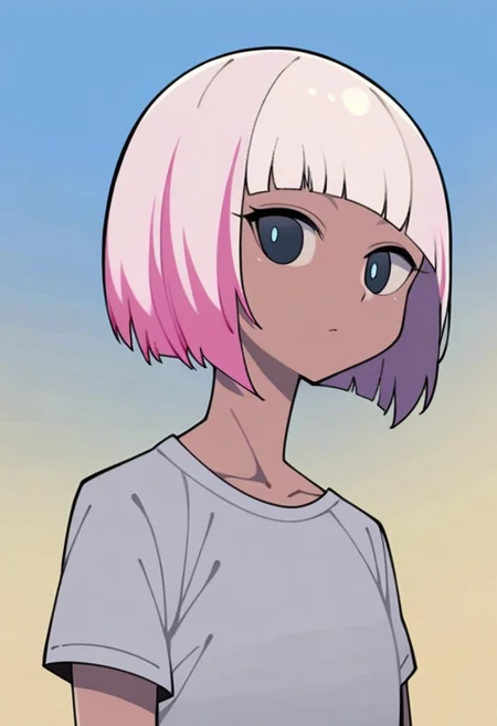 ng_deepnegative_v1_64t, score_9, score_8_up, score_7_up, zPDXL2, detailed background, concept art, source_anime, flat chest, blue sky, background, solo, easynegative, source_anime, pop art background, lineart_style, beautiful woman, black eyes, dark pink skin, nectarine hair, pink highlights, short hair, bob cut, grey shirt, sun shining, sun visible, face focus, looking to the side