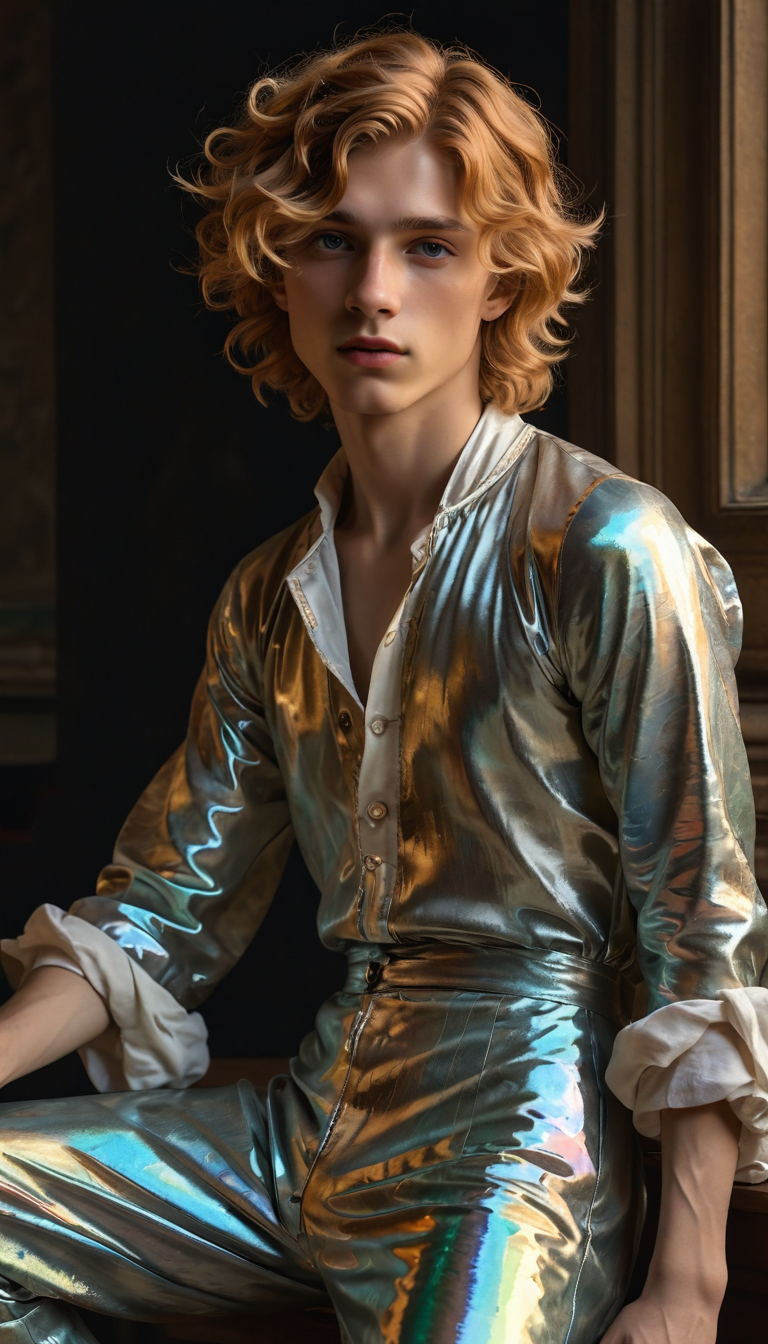 full body masterpiece, 19yo twink, flowing iridescent outfit, detailed face, medium platinum ginger hair, (Chiaroscuro, Filmgrain, Cinematic LUT), by Sandro Botticelli and Rembrandt and Alphonse Mucha, <lora:sdxl_lightning_8step_lora:1>