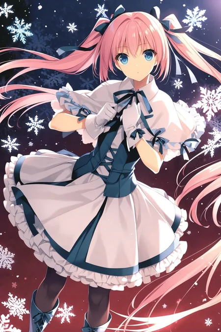 1girl,solo,twintails,pink hair,long hair,blue eyes,dress,white gloves,capelet,ribbon,boots,pantyhose,standing,snowflakes,looking at viewer,<lora:Suzuhira Hiro_XL:0.8>,
