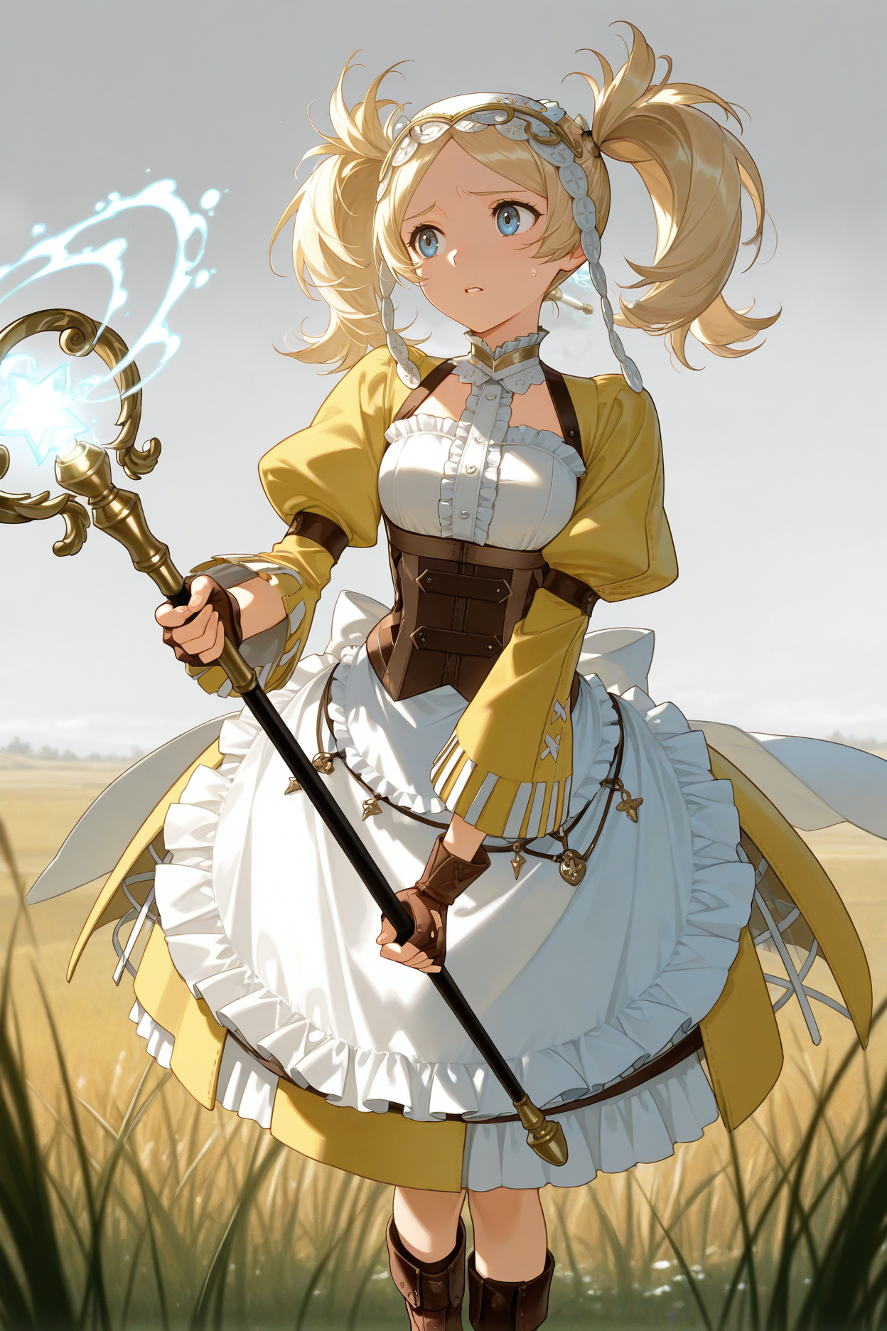 masterpiece, best quality, 1girl, solo, <lora:felissa-illu-nvwls-v1-000006:1> baseliz, blue eyes, blonde hair, twintails, white headdress, yellow dress, white shirt, frills, brown corset, puffy sleeves, long sleeves, waist apron, white apron, brown gloves, fingerless gloves, brown boots, holding staff, worried, parted lips, magical barrier, white magic, field, grey sky, tall grass, looking to the side