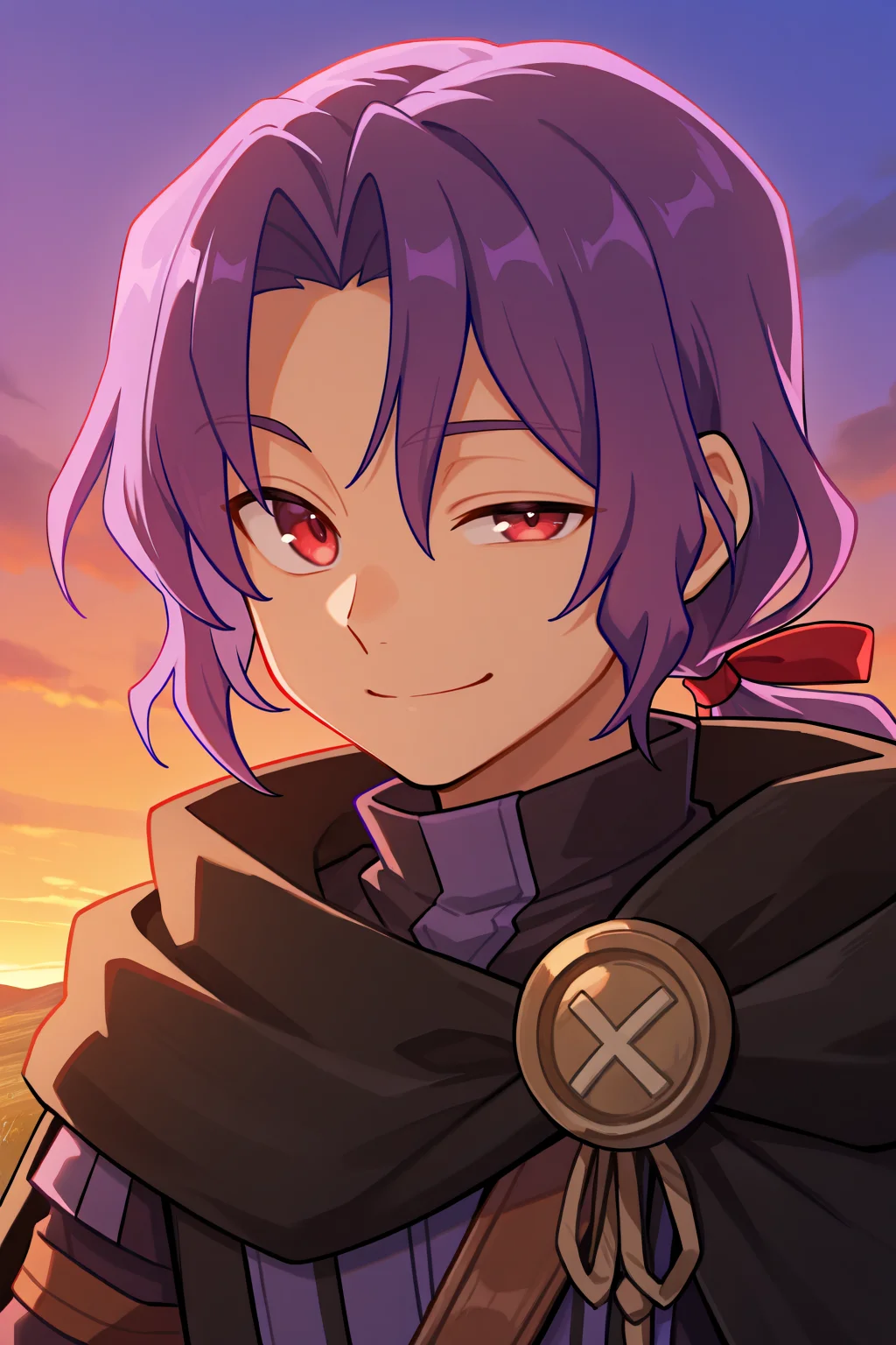 <lora:RussellIL:0.8> , rusdef, 1boy, red eyes, purple hair, long hair, ponytail, low ponytail, hair ribbon, black cloak, cape, striped tunic, tunic, facing left, ((face, close-up)), portrait, smile, evening, winking, looking at viewer, masterpiece, very aesthetic, absurdres, best quality, amazing quality, high resolution, <lora:illustrious_quality_modifiers_masterpieces_v1:0.8> , <lora:ChamIllustriousBackgroundEnhancer:0.5>,  solo,