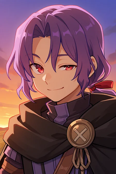 <lora:RussellIL:0.8> , rusdef, 1boy, red eyes, purple hair, long hair, ponytail, low ponytail, hair ribbon, black cloak, cape, striped tunic, tunic, facing left, ((face, close-up)), portrait, smile, evening, winking, looking at viewer, masterpiece, very aesthetic, absurdres, best quality, amazing quality, high resolution, <lora:illustrious_quality_modifiers_masterpieces_v1:0.8> , <lora:ChamIllustriousBackgroundEnhancer:0.5>, solo,