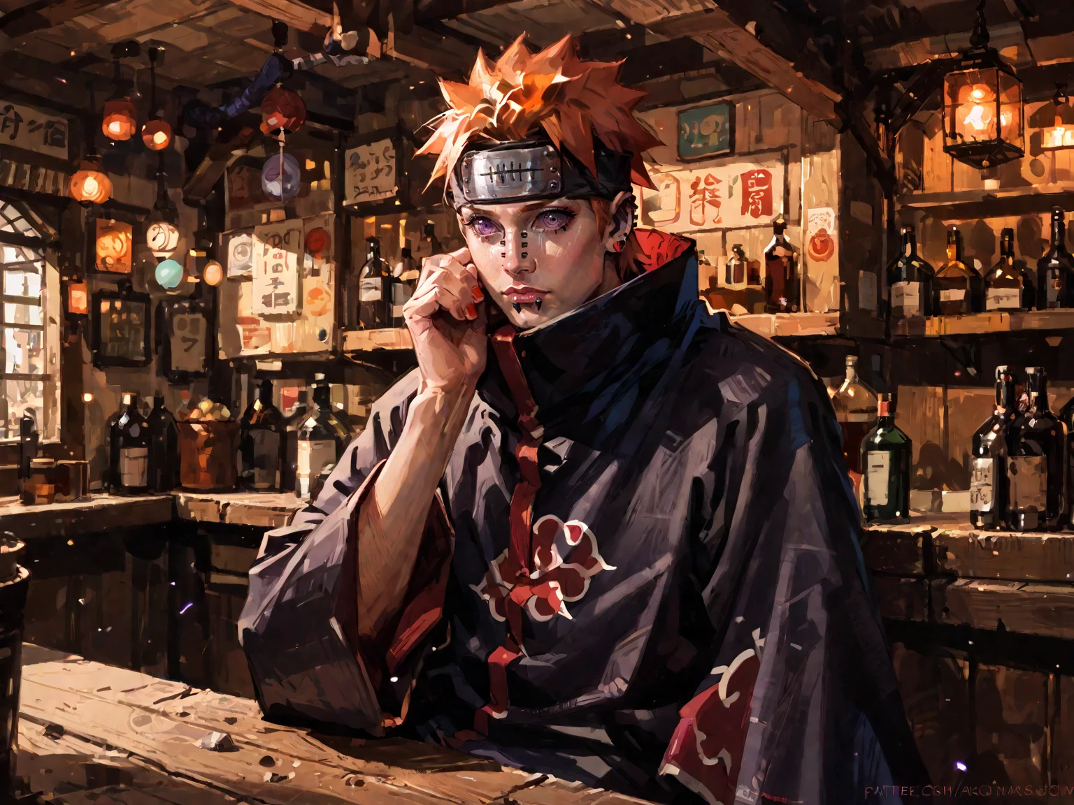 <lora:NarutoConceptStyle:0.8>, <lora:pa1nV2-08:0.8>, pa1n, adult man, purple ringed eyes, orange hair, spiked hair, short hair, forehead protector, nose piercing, ear piercing, lip piercing, red nails, akatsuki outfit, long sleeves, wide sleeves, sitting, village, bar, sakazuki, indoors, solo, upper body, ninja, japan, medieval, <lora:AlexanderMandradjiev:0.8>, zPDXL3, score_9, score_8_up, score_7_up, score_6_up, score_5_up, score_4_up, realistic, real, hyper realistic, (source_real:1.3)