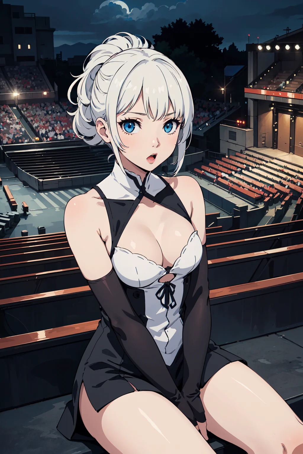 (best quality:1.2), 1girl, (atmospheric perspective, hands between legs, Jupon, :o, white hair, big hair, pompadour, small_breasts, amphitheater),
