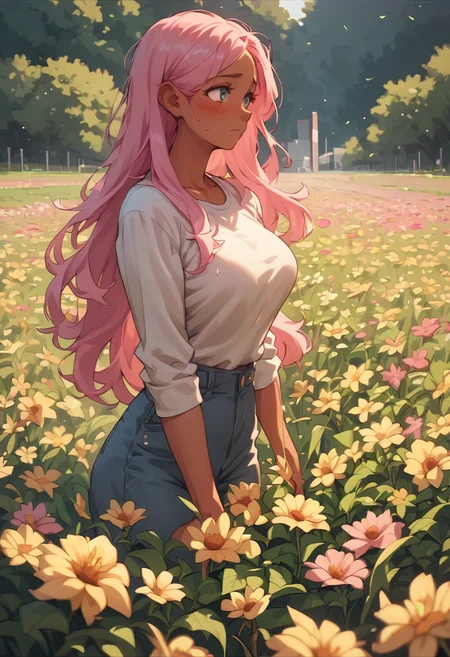score_9,score_8_up, <lora:OtherStyle_08-Merge5_06_04_02_02:0.8>, 1girl,large breasts, shy, pink hair, long hair, flower field, outdoors,street, tan