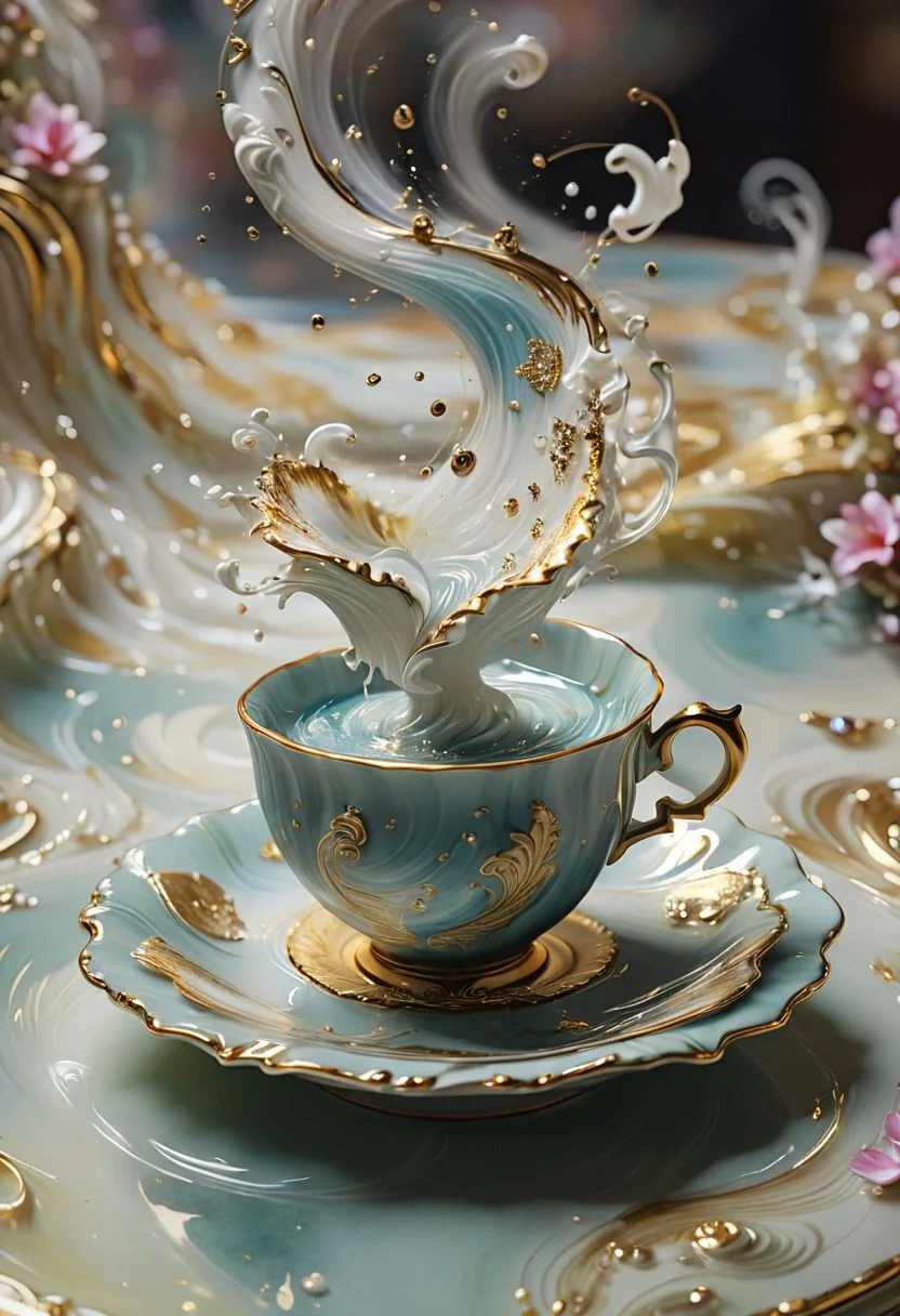the tea cup on table, inside swirl splashes waves, close-up, masterpeace, fluid, flora,, muted colors, pearl, gold, luxurious, extremely detailed